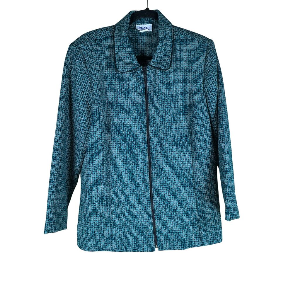 Vintage 90s Blair Jacket Women’s Large Teal Patterned Zip Up Collared Casual